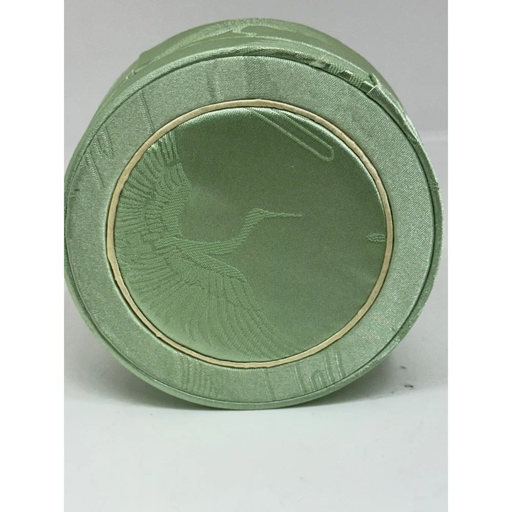 VTG Jewelry Box Green Satin Crane Bird Embroidered Round Padded Storage Case